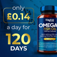 Mayfair Nutrition Omega 3 1000mg Capsules - 240 Fish Oil Tablets with 660mg EPA & 440mg DHA per Daily Serving - Supports Heart, Vision, & Brain Health - 4 Months Supply - Made in UK…