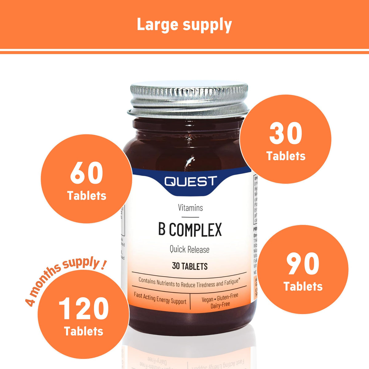 Quest Vitamin B Complex (30 Tablets) - Quick Release Formula to Reduce Tiredness & Fatigue. Full Spectrum of B Vitamins: Thiamin B1, Riboflavin B2, Niacin B3, Vitamin B6 & Vitamin B12.