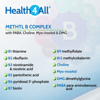 Methyl B Complex 60 Capsules (V) (not Tablets) with Methylcobalamin, Methyl Folate, P5P, Choline, Myo-Inositol, DMG and PABA for Stress Support, Energy and methylation. Made in UK by Health4All
