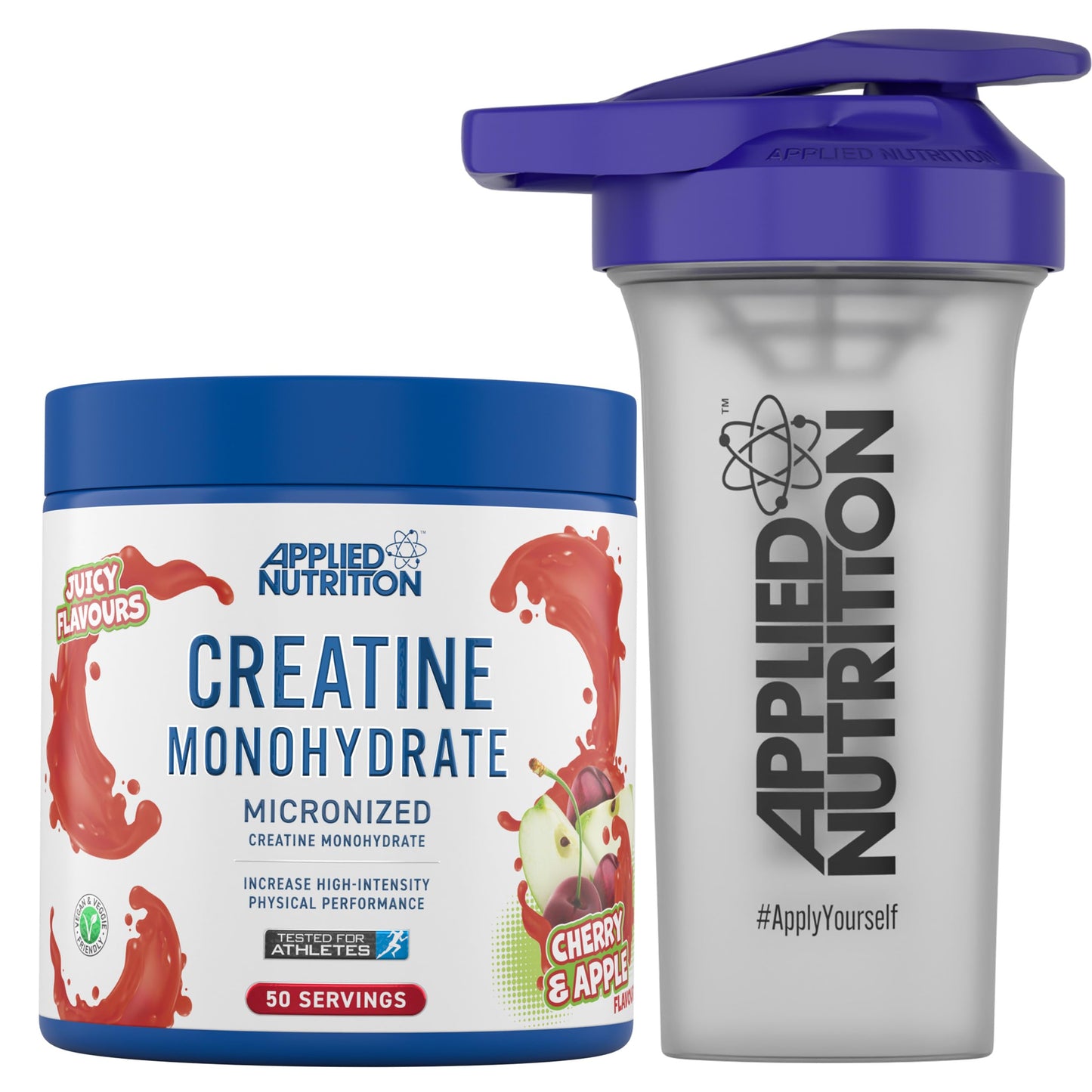 Applied Nutrition Creatine + 700ml Shaker | Creatine Monohydrate Micronized Powder with Flavour, Increases High-Intensity Physical Performance (250g - 50 Servings) (Cherry & Apple)