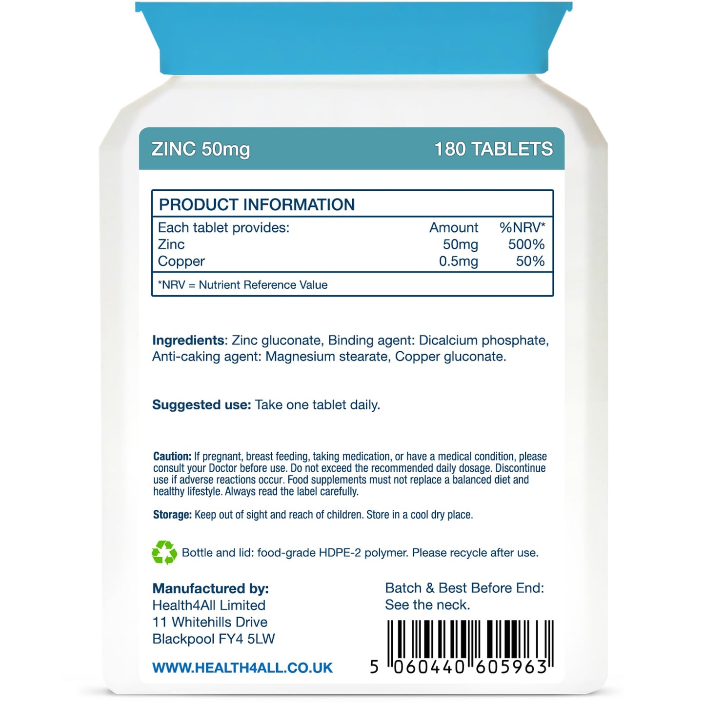 Health4All Zinc 50mg 180 Tablets 6 Months Supply, with Copper, High Strength Zinc Supplements for Immune Support, Skin, Hair & Nail, Vegan Immunity Supplements for Men & Women | Made in UK
