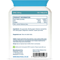 Health4All Zinc 50mg 180 Tablets 6 Months Supply, with Copper, High Strength Zinc Supplements for Immune Support, Skin, Hair & Nail, Vegan Immunity Supplements for Men & Women | Made in UK