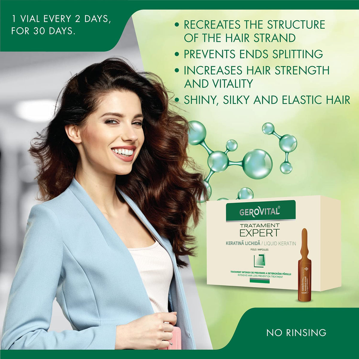 GEROVITAL Gerovital Tratament Expert, Liquid Keratin, Serum Hair Care Hair Regenerating Care for Fragile, fine, devitalized Hair, 10 ampoules x 10 ml