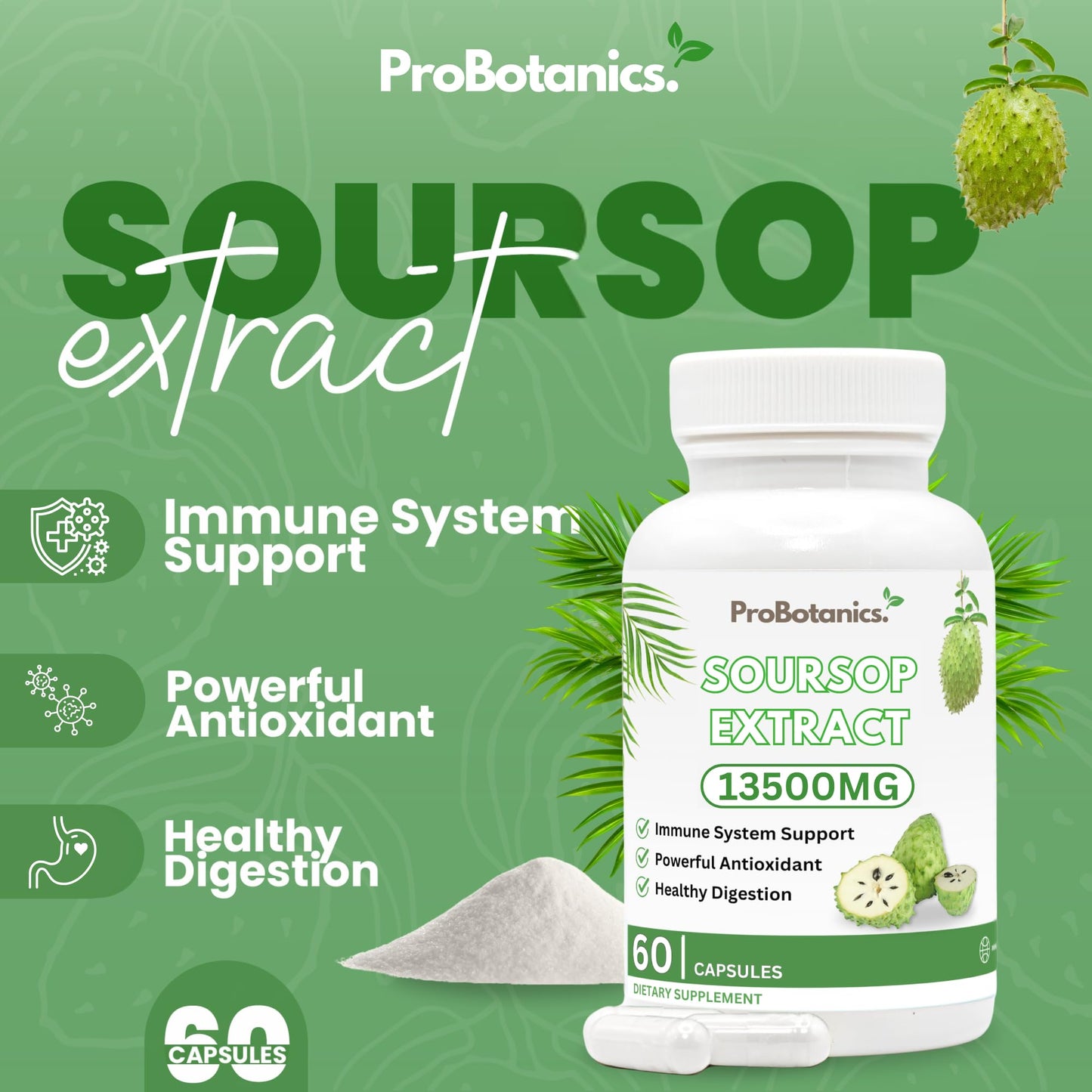 ProBotanics Organic Soursop Capsules | Full Spectrum 13500mg 30:1 Extract Per Serving | Potent Antioxidant & Immune Support - 60 Capsules