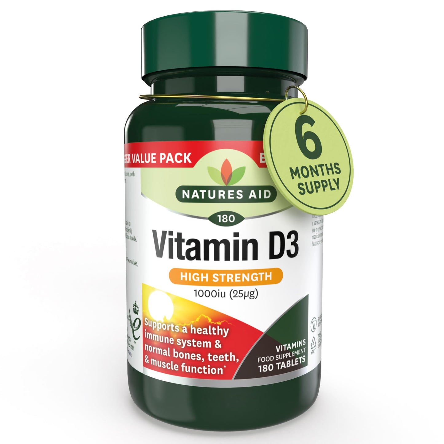 Natures Aid Vitamin D3 1000iu – High Strength Supplement for Bone, Muscle & Immune Support – Vegan, Non-GMO, Gluten-Free – Essential Nutrient – 180 Tablets