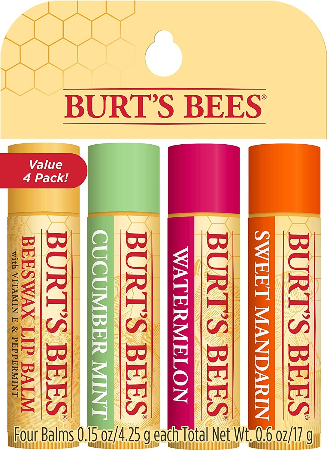 Burt's Bees Moisturising Lip Balm Multipack Set Beeswax, Cucumber Mint, Watermelon, Sweet Mandarin, Freshly Picked, 100% Natural, 4x4.25g