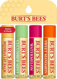 Burt's Bees Moisturising Lip Balm Multipack Set Beeswax, Cucumber Mint, Watermelon, Sweet Mandarin, Freshly Picked, 100% Natural, 4x4.25g