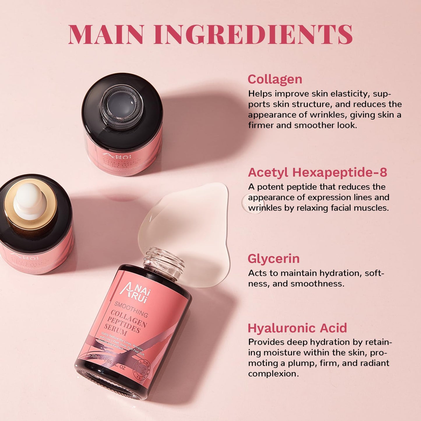 ANAiRUi Collagen Peptide Serum for Face with Hyaluronic Acid | Targets Fine Lines & Wrinkles | Plumps and Firms Skin | Anti-aging Collagen Serum for Face & Neck, 30ml