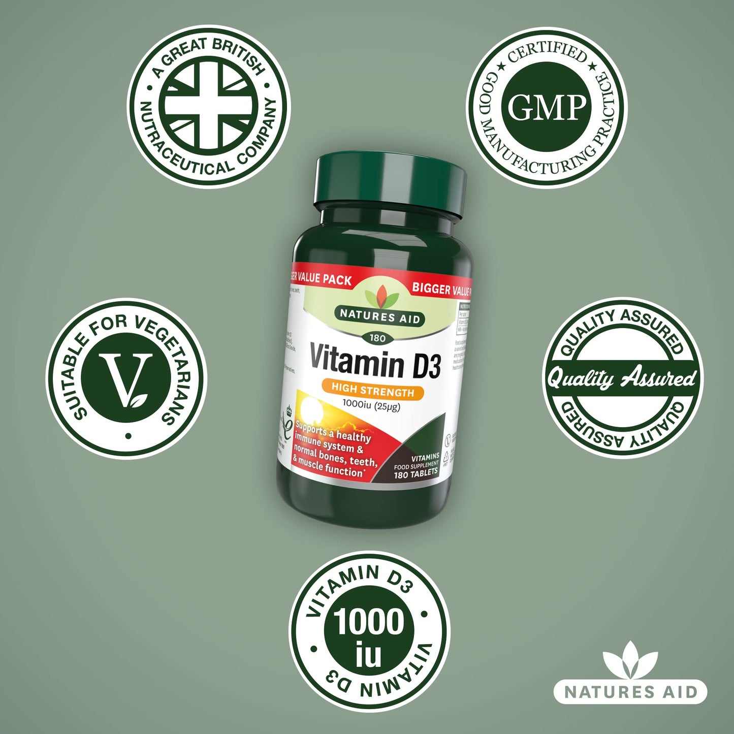 Natures Aid Vitamin D3 1000iu, 180 Tablets