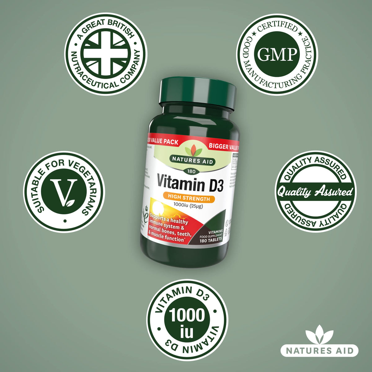 Natures Aid Vitamin D3 1000iu – High Strength Supplement for Bone, Muscle & Immune Support – Vegan, Non-GMO, Gluten-Free – Essential Nutrient – 180 Tablets