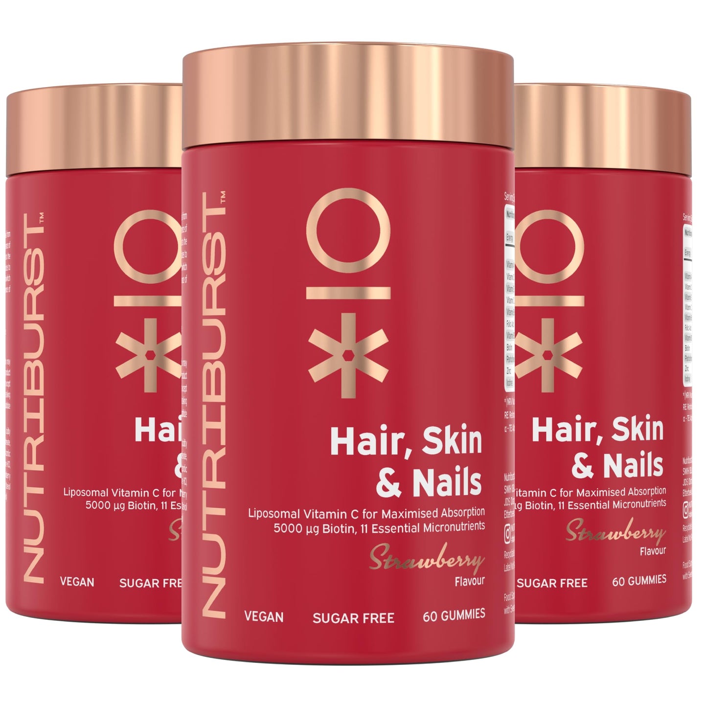 Nutriburst Hair, Skin & Nails Multipack - Supports Skin, Builds Collagen & Nail Strength - 5000 mg Biotin, Zinc + Vitamin A, C, D, E - Vegan & Sugar Free - 3 x 60 Strawberry Gummies - 3 Month Supply