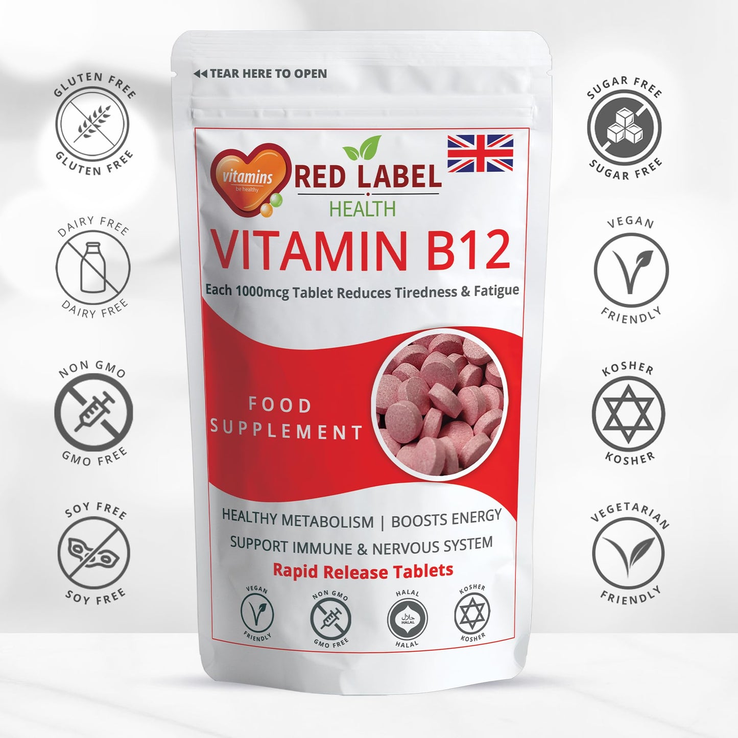 Red Label Health Vitamin B12 Tablets High Strength 1000mcg for Men & Women, Pack of 90 Tablets (3 Months Supply), Methylcobalamin B12 Vitamin for Tiredness and Fatigue, Vegetarian, Vegan