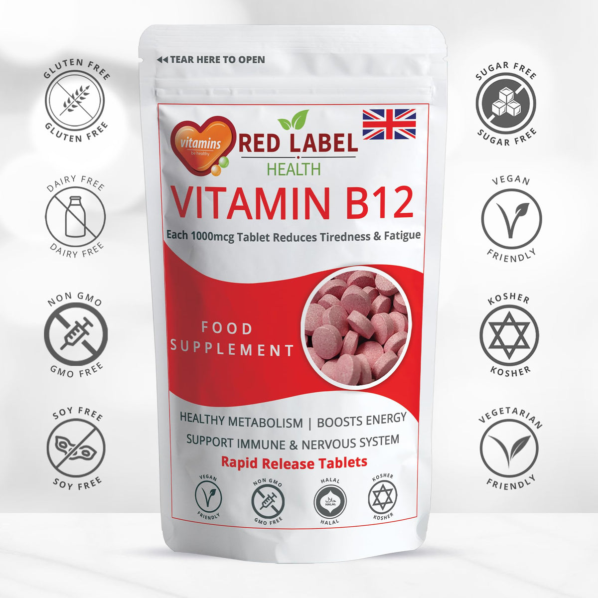 Red Label Health Vitamin B12 Tablets High Strength 1000mcg for Men & Women, Pack of 60 Tablets (2 Months Supply), Methylcobalamin B12 Vitamin for Tiredness and Fatigue, Vegetarian, Vegan