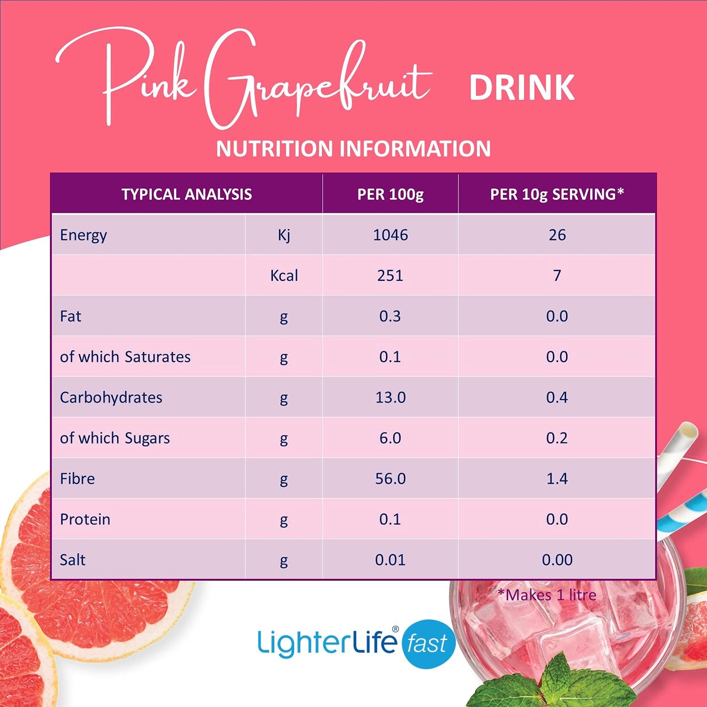 LighterLife Fast LighterLife Pink Grapefruit, Low Calorie Drink, 10x Sachets per Pack