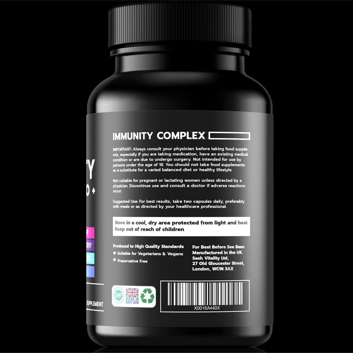 SASH Vitality Sash Vitality Immunity Complex Pro+ Immune System Booster with Vitamin D3 - High Strength Immune Support Supplements Immune System Vitamins Zinc, Elderberry, B12, C, Turmeric & More-120 Vegan Capsules