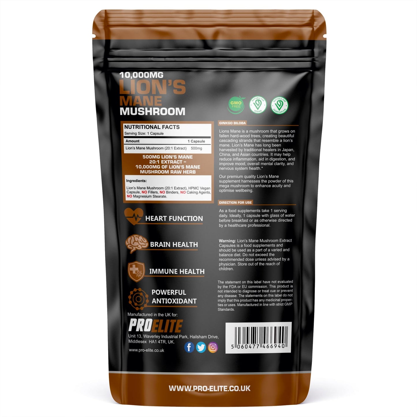 Lions Mane Mushroom Supplement 10,000mg - 120 Capsules Vegan High Strength 20:1 Extract Lions Mane Capsule Not Powder or Tablets Made in The UK by PROELITE