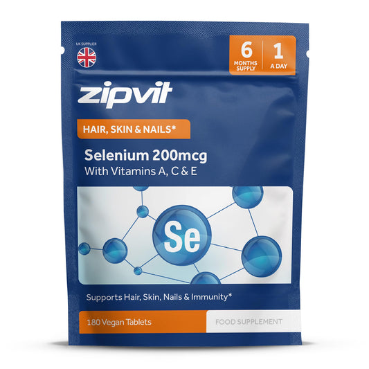 Zipvit Selenium 200mcg with Vitamins A, C, E Pouch. 180 Vegan Tablets. Supports Normal Thyroid, Skin, Hair & Nails, Immune System, and Antioxidant Protection. 6 Month Supply. UK Supplier.