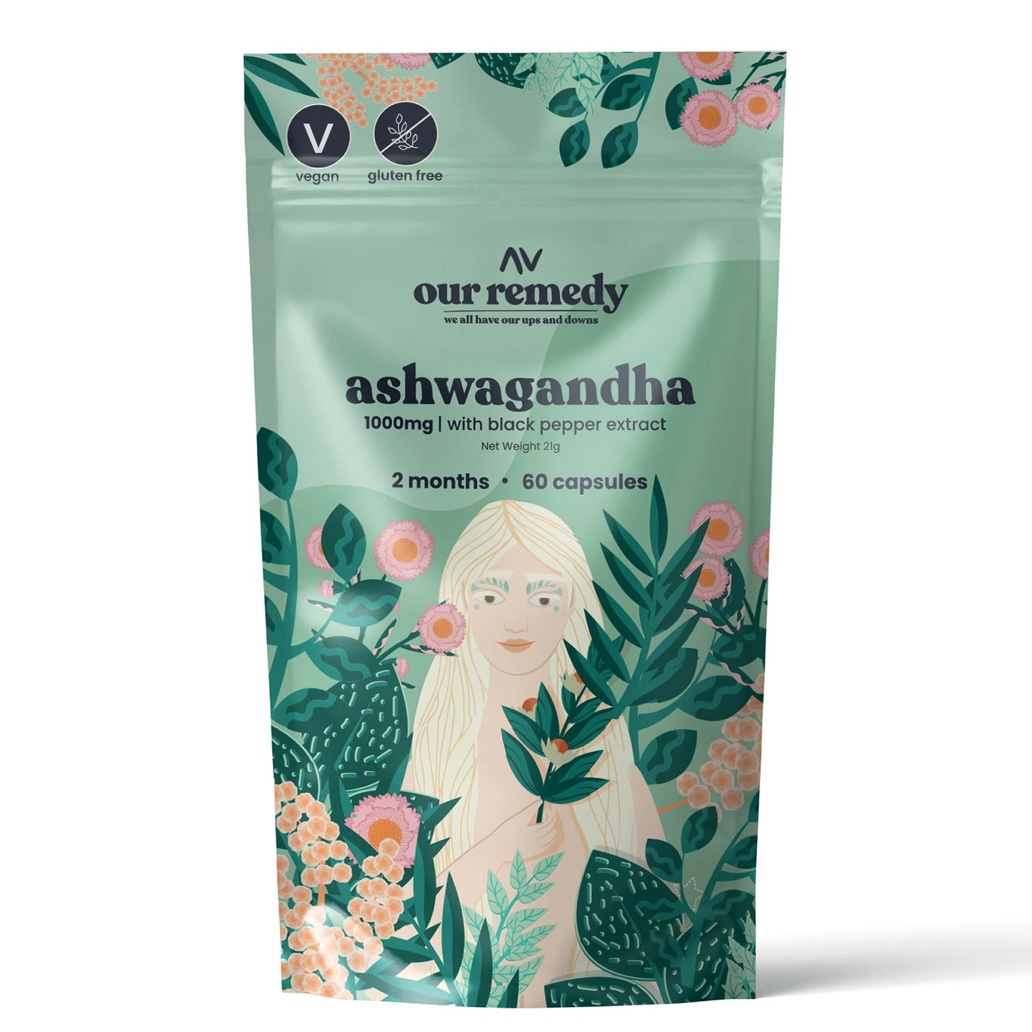 Our Remedy Ashwagandha Capsules for Women 1000mg with Black Pepper for Fast & Effective Absorption — Made by Women, for Women! Natural, Vegan & Plastic Free — 60 One-a-Day Tablets
