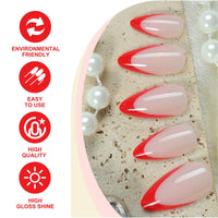 HERBINSOLS Almond False Nails - Red French Tip False Nails - Oval Short Medium Nude Press On Nails - Natural Removable Fake Nails With Glue - Acrylic Full Cover Stick On Nail For Women Daily Wear DIY Nail Art