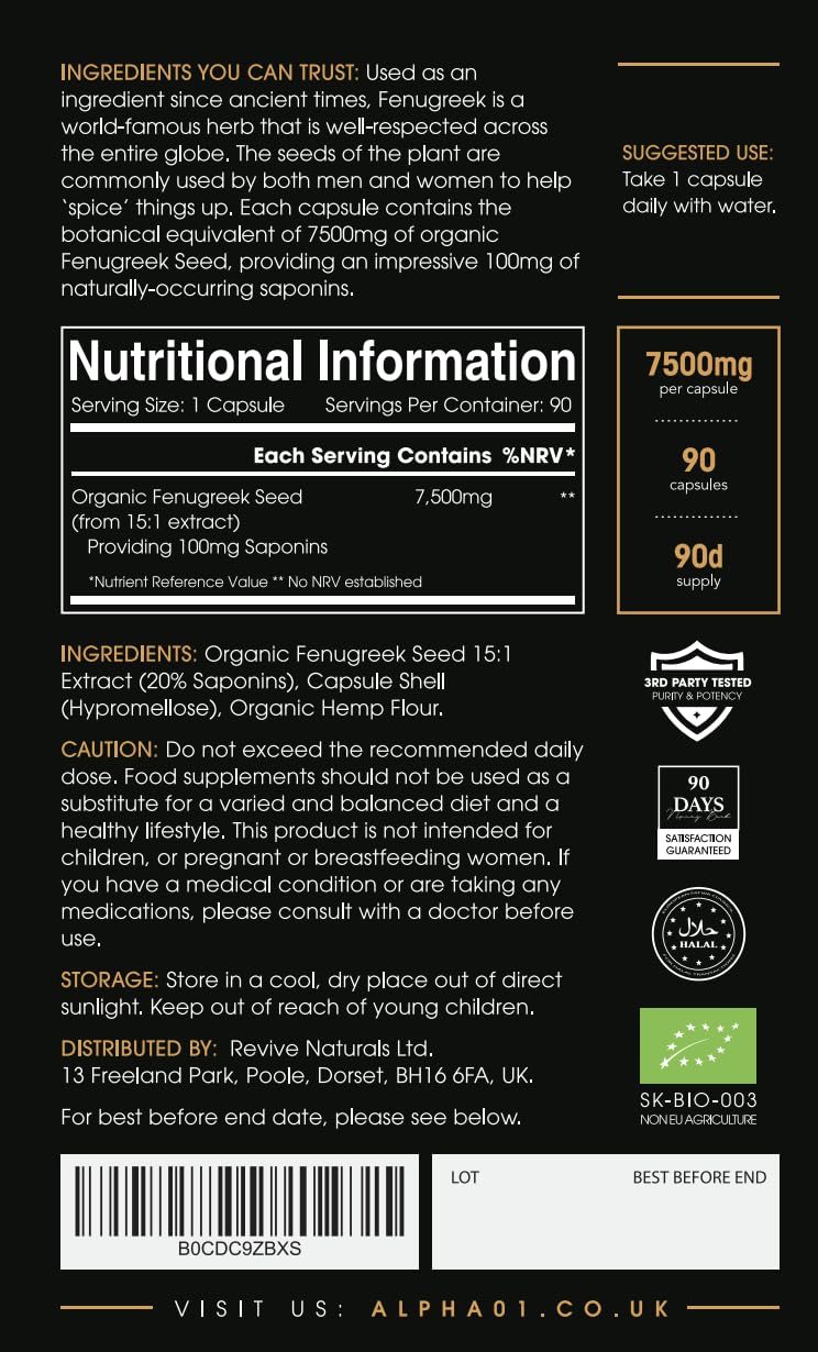 Organic Fenugreek Extract 7500mg - 90 Capsules (V) - High Strength 20% Saponins (100mg) Fenugreek Supplement - 3 Months Supply - by Alpha01