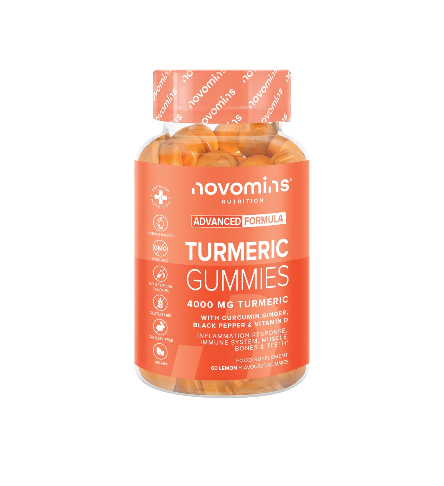 Turmeric Gummies – 4000mg High Strength Turmeric and Ginger Gummies with Curcumin, Black Pepper & Vitamin D – Tumeric Supplements Joint Support –Immunity, Muscle & Bone – Novomins