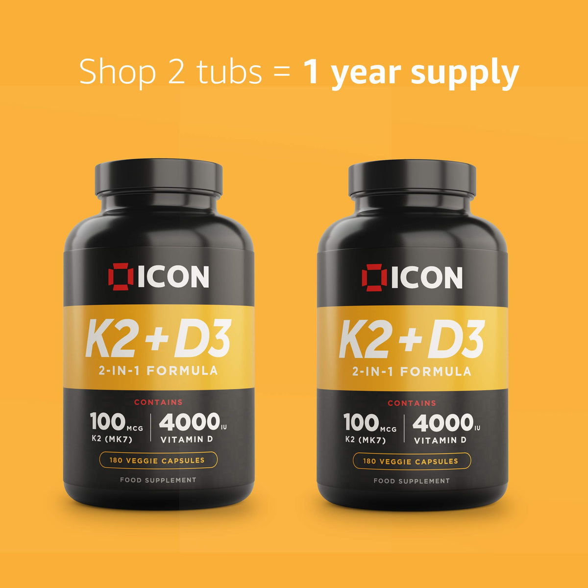 ICON Nutrition Vitamin K2 D3 Supplement, Vitamin D3 4000 IU and K2 Vitamin 100μg MK7 Capsules, Vegetarian Supplement, High Strength, Bone & Immune Health - 180 Count (6 Month Supply)