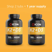 ICON Nutrition Vitamin K2 D3 Supplement, Vitamin D3 4000 IU and K2 Vitamin 100μg MK7 Capsules, Vegetarian Supplement, High Strength, Bone & Immune Health - 180 Count (6 Month Supply)