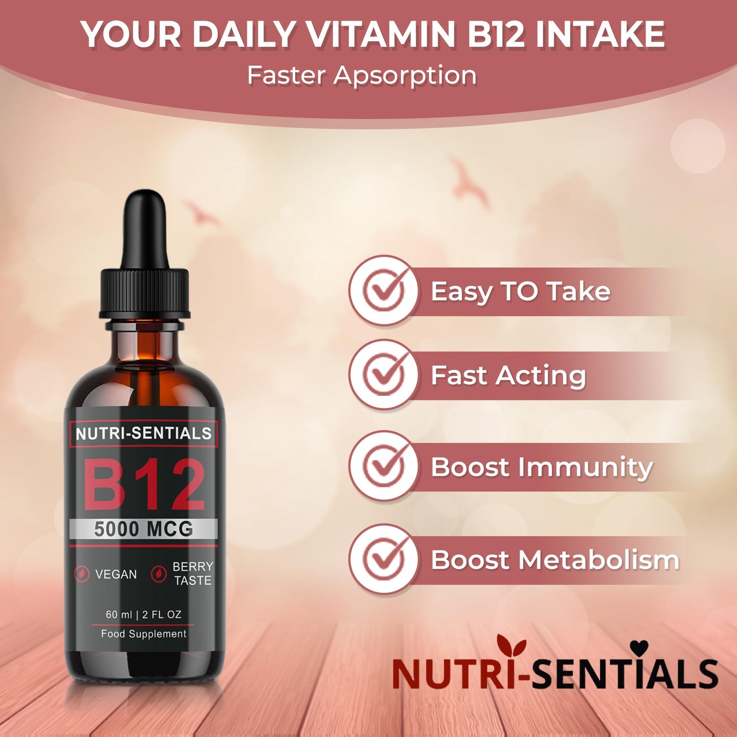 Vitamin B-12 Liquid Drops - 5000 mcg Methylcobalamin High Strength Supplement, for Increasing Metabolism, Immunity, Energy and Improving Concentration & Mood - Vegan Berries Flavour, 60ml
