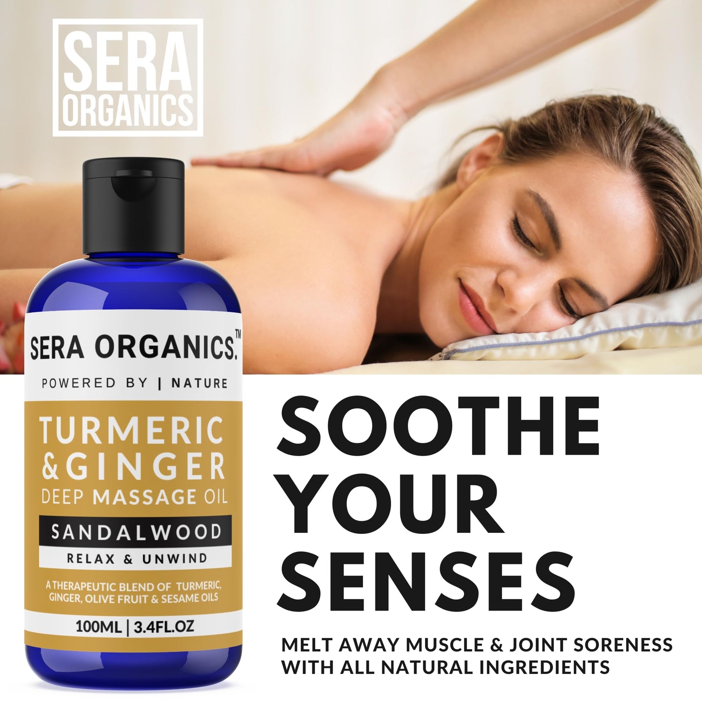 Turmeric & Ginger Massage Oil - Soothing All Natural Oil Blend For Lymphatic Drainage, Nerve, Muscle & Joint Discomfort Relief, Warming & Relaxing Massage - Sandalwood (100ml) UK Made By Sera Organics