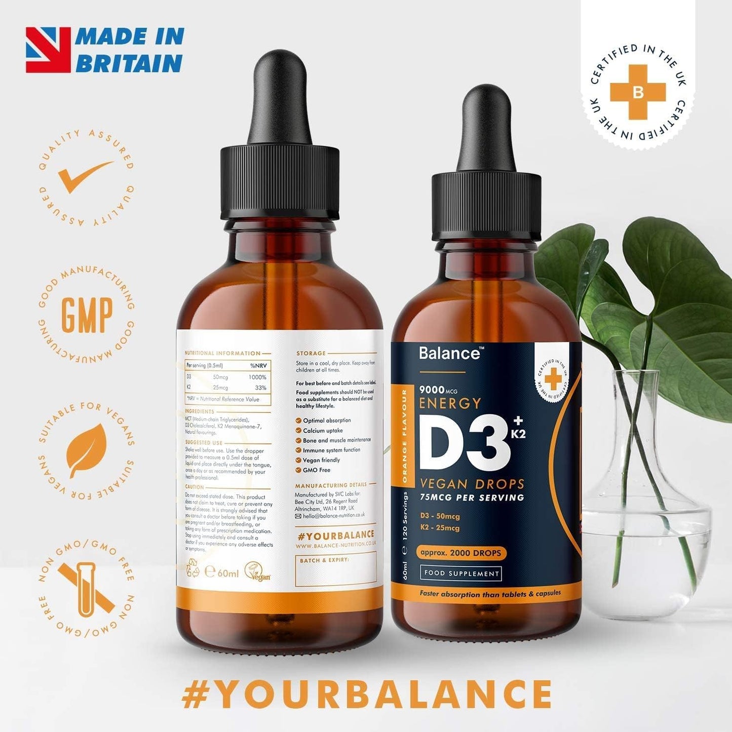 Balance ™ Vitamin D3 + K2 Liquid Drops - Vegan - High Strength 2000iu D3 + 25mcg K2-2 Month Supply - 120 Servings - 9,000mcg 60ml Dropper Bottle - Sublingual Fast Absorption - Made in UK by Balance (2X Pack)