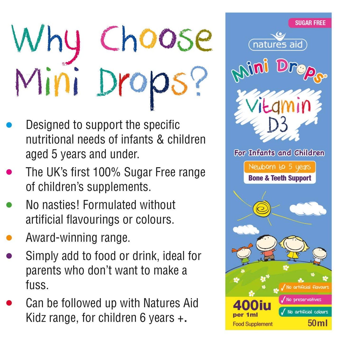 Natures Aid Vitamin D3 Mini Drops for Infants and Children, Sugar Free, 50ml