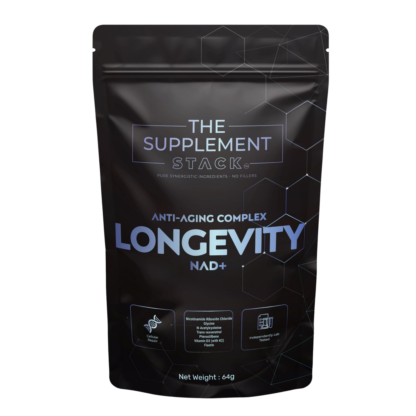 The Supplement Stack Longevity - Anti-Aging NAD+ Supplement with Nicotinamide Riboside, Glycine, NAC, Trans-Resveratrol, Pterostilbene, Fisetin & Vitamin D3/K2 for Cellular Health, Energy, and Vitality – Premium Formula