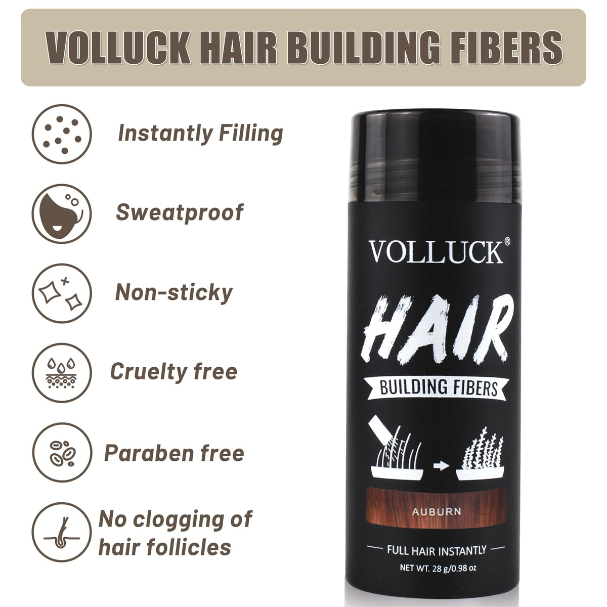 VOLLUCK Hair Fibres, Hair Thickening Products for Women Men, Long-lasting Hair Thick Fiber for Hair Loss 28 g (Auburn)