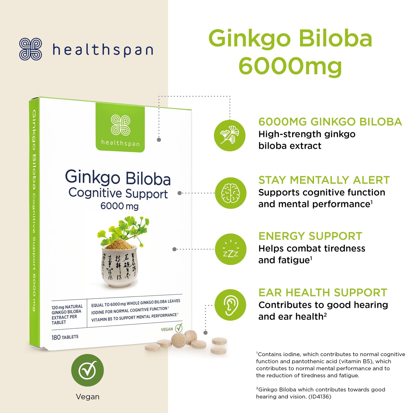 Healthspan Ginkgo Biloba Cognitive Support (6,000mg) | 180 Tablets | Maximum Strength Ginkgo Extract | Mental Function | Added Iodine & Vitamin B5 | Supports Energy | Vegan