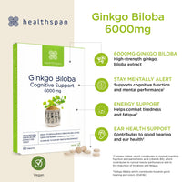 Healthspan Ginkgo Biloba Cognitive Support (6,000mg) | 180 Tablets | Maximum Strength Ginkgo Extract | Mental Function | Added Iodine & Vitamin B5 | Supports Energy | Vegan