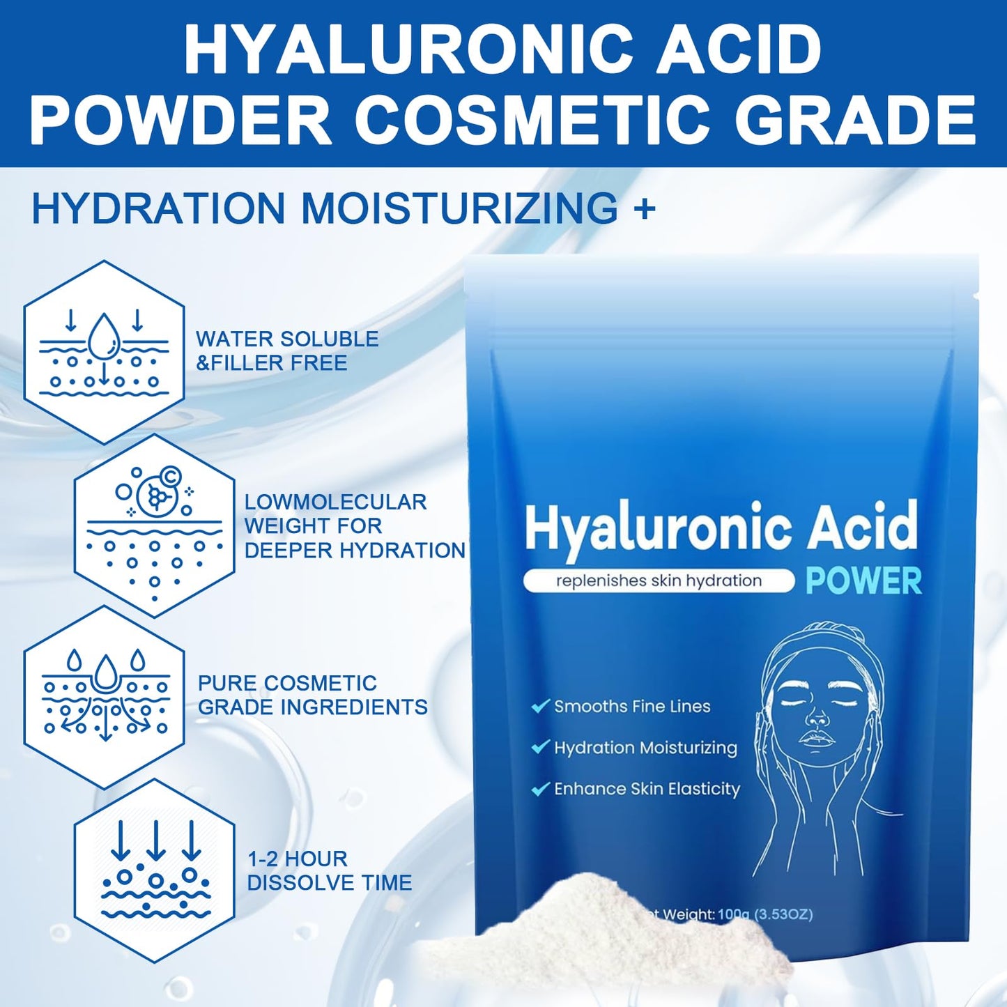 Guegine Hyaluronic Acid Powder for Face, Hyaluronic Acid Powder Organic, Low Molecular Weight, Water-Soluble Moisturizing Ingredients, Deep Hydration, Moisturizing the Skin