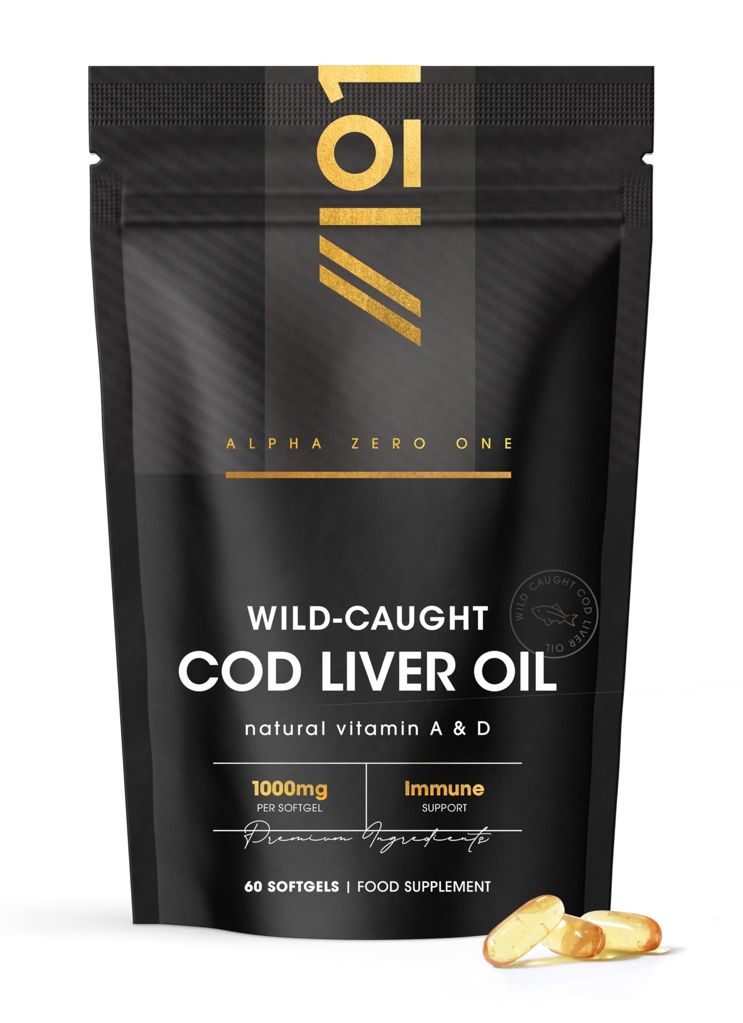 ALPHA01 Cod Liver Oil 1000mg – 60 Softgels – Wild-Caught & Cold-Pressed - Source of Omega-3 Fatty Acids – Rich in Vitamins A & D3 – Immune Health + Vision Support – 2 Months Supply by Alpha01