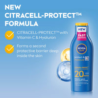 NIVEA SUN Protect & Moisture Sun Lotion SPF 20 (200 ml), Suncream with Vitamin C and Hyaluron, Provides 48 Hour Moisture and Immediate UVA/UVB Protection, Fast-Absorbing, No White Cast Formula