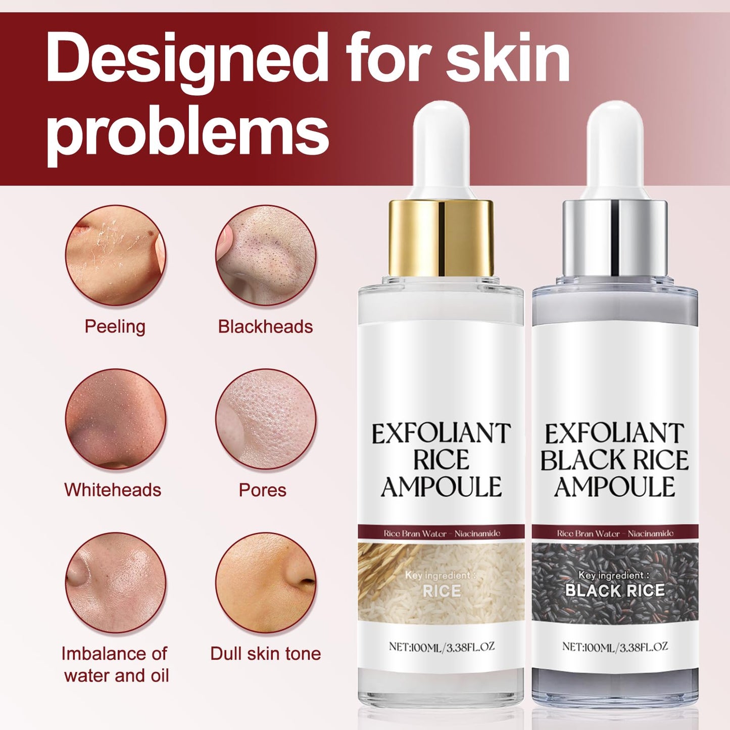 Samkeen Rice Ampoule Set, Black & White Rice Facial Exfoliator Water, Exfoliating Toner, Exfoliating Facial Scrub, Gentle Double Effect Scrub, Shrink Pores, Remove Blackheads