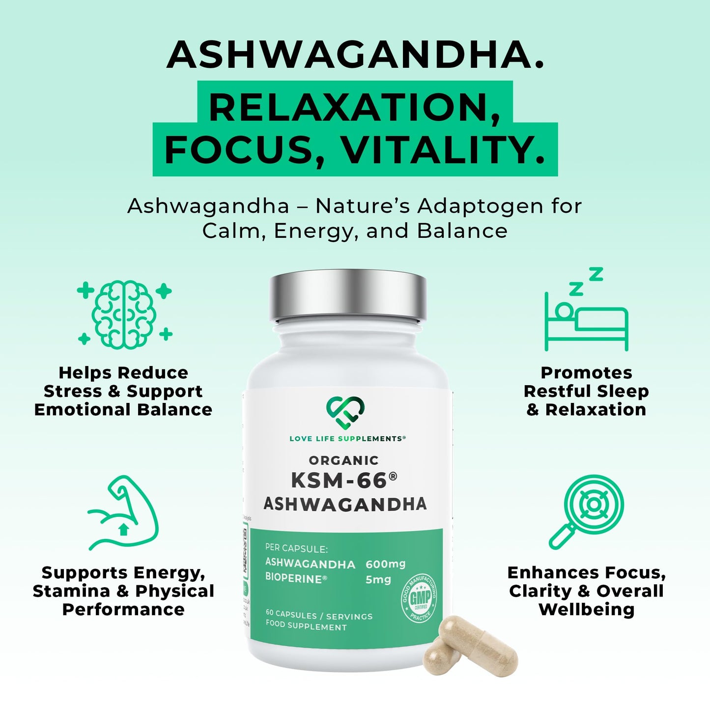 LOVE LIFE SUPPLEMENTS High Strength Organic Ashwagandha KSM-66®, 600mg per Capsule, 2 Month Supply - 60 Capsules, 5% Withanolides, Bioperine® for Increased Absorption, Zero Fillers, Lab Tested - Love Life Supplements