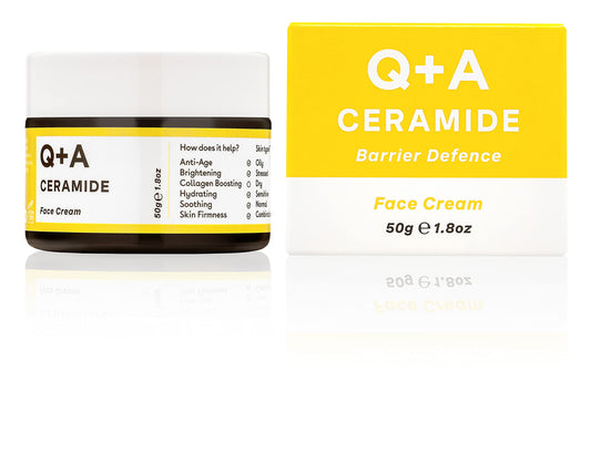 Q+A Ceramide Barrier Defence Face Cream, a face moisturiser containing Cinamides, Pro Vitamin-E, and Squalane, to improve skin moisturisation and elasticity, 50g