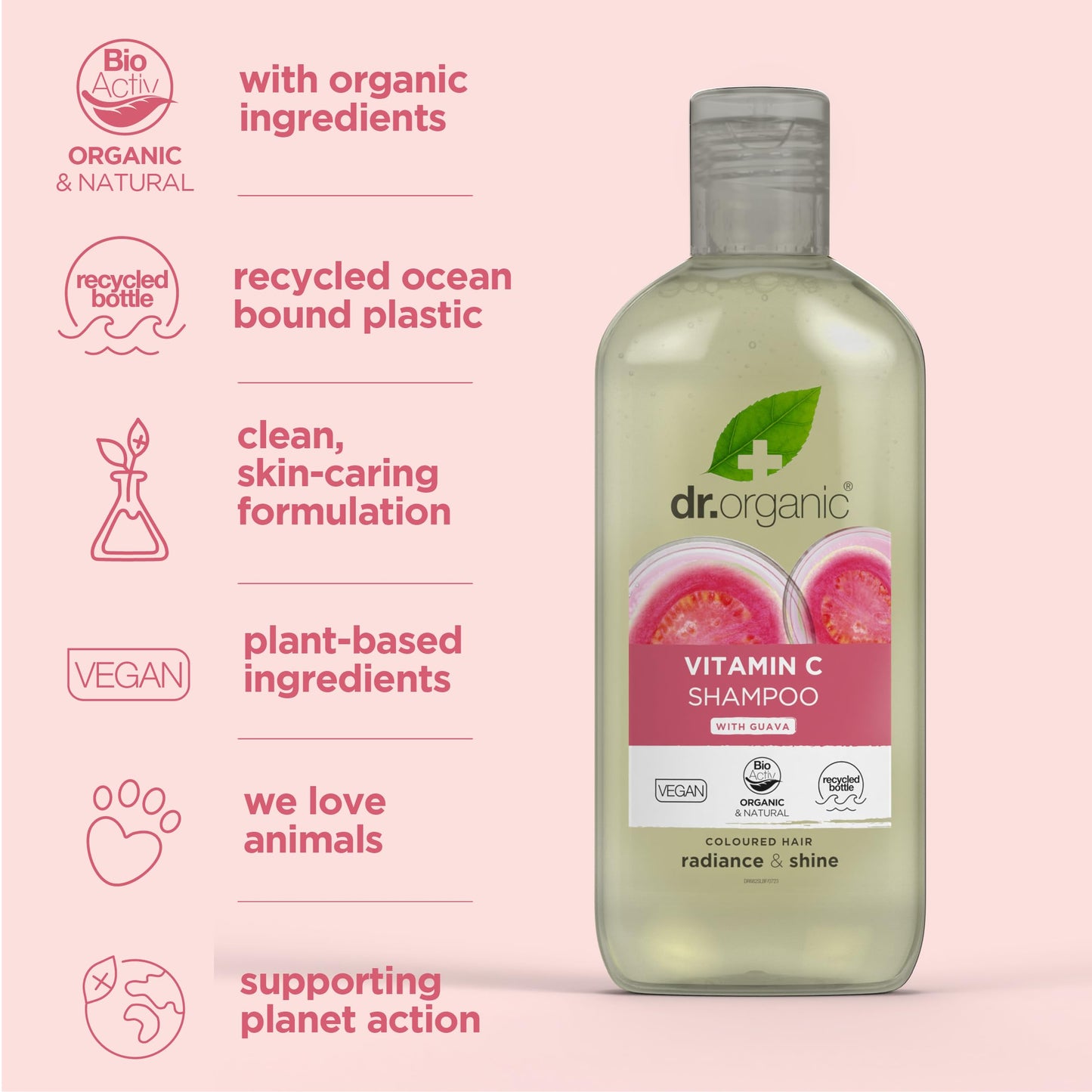 DR ORGANIC Dr Organic Guava Shampoo, Vitamin C, Coloured Hair, Mens, Womens, Natural, Vegan, Cruelty-Free, Paraben & SLS-Free, Organic, 265ml, Packaging may vary