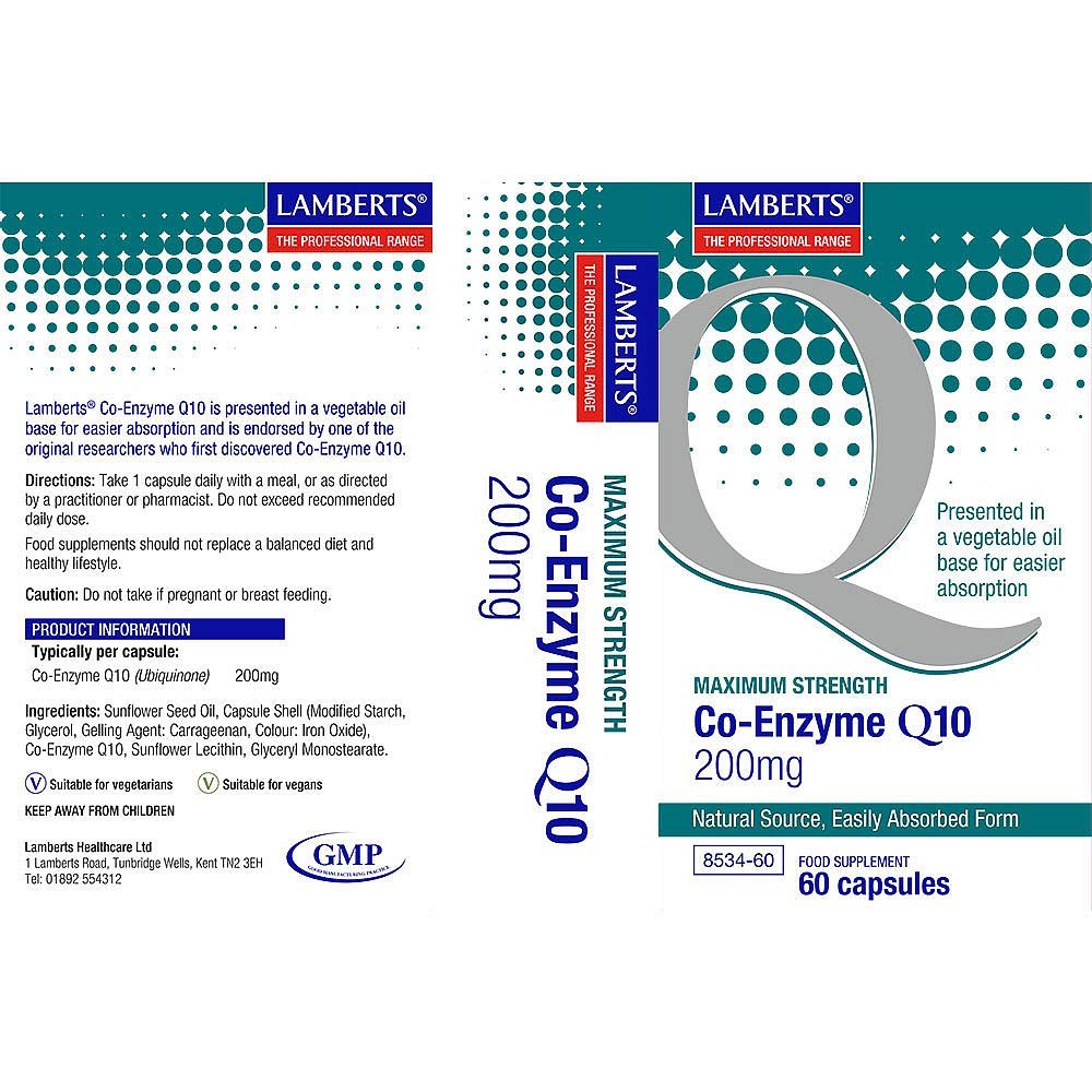 Lamberts Co-Enzyme Q10 200mg – Maximum Strength Ubiquinone – Vegan Formula – 60 Capsules