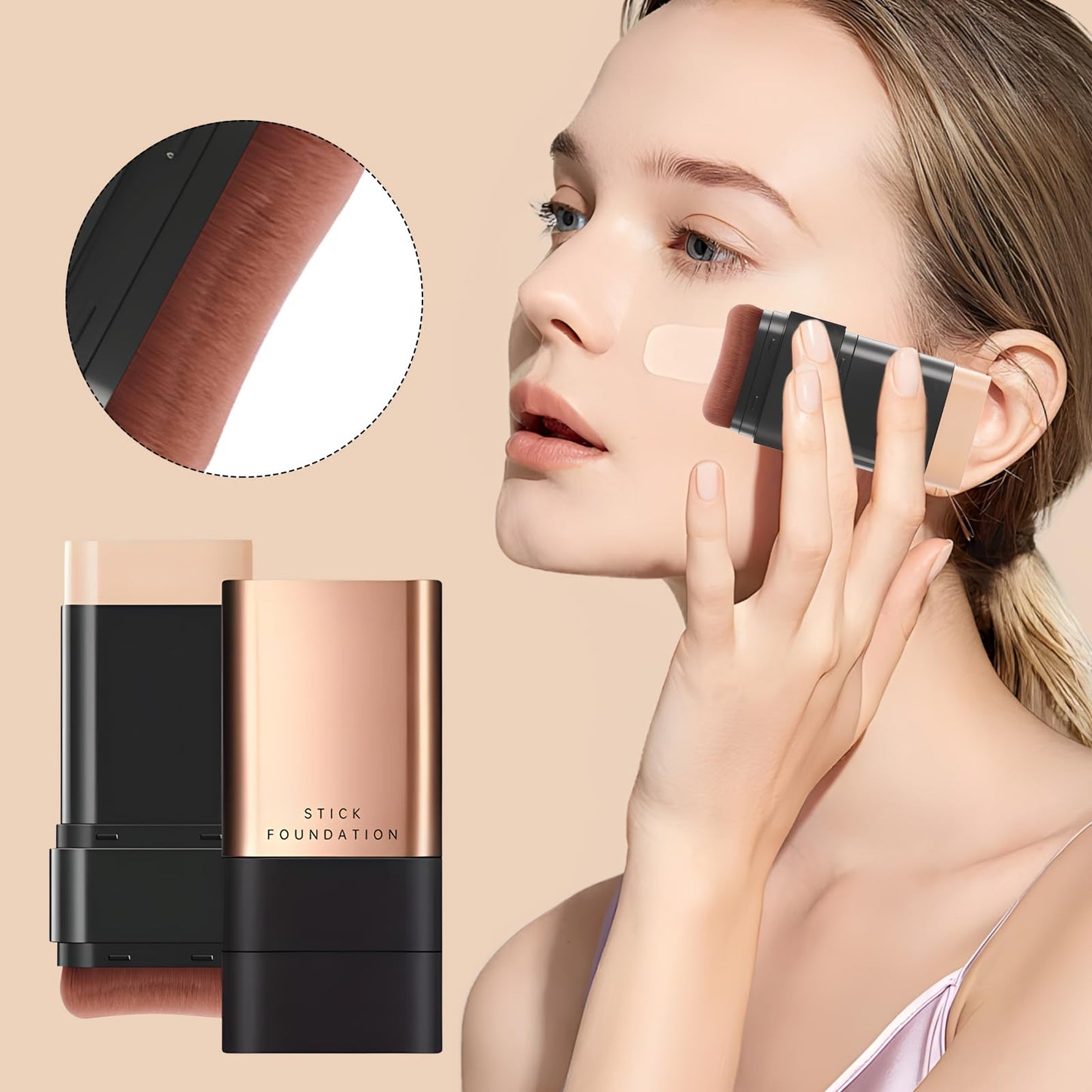 INBOLM Foundation Stick Full Coverage Foundation Stick Built-In Brush Exquisite Double-Head Design Instantly Balance & Even Complexion Natural Color for Medium Skin Tones