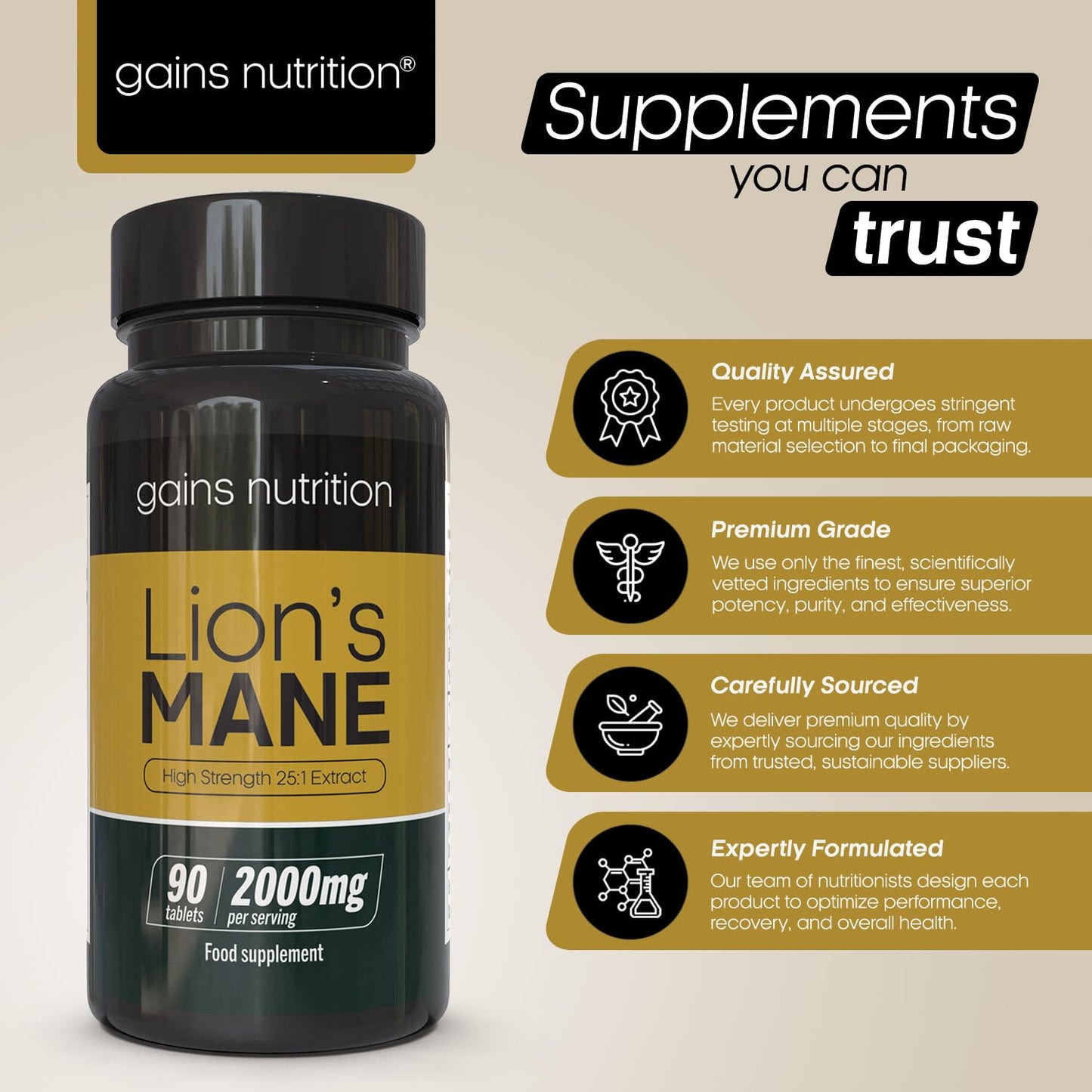 Gains Nutrition GN Lions Mane | 90 High Strength Lions Mane Supplement Tablets with Black Pepper - 2000mg Lion's Mane per Serving | Lions Mane Mushroom Supplement | Non-GMO, Gluten & Allergen Free | Made in The UK