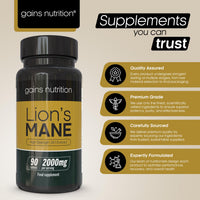 Gains Nutrition GN Lions Mane | 90 High Strength Lions Mane Supplement Tablets with Black Pepper - 2000mg Lion's Mane per Serving | Lions Mane Mushroom Supplement | Non-GMO, Gluten & Allergen Free | Made in The UK