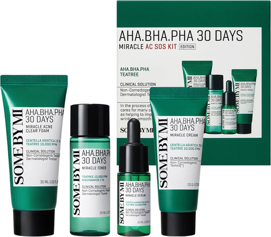 SOME BY MI AHA.BHA.PHA 30 Days Miracle AC SOS Kit, 4 Pcs, Toner 30ml, Serum 10ml, Cream 20g, Acne Foam 30ml