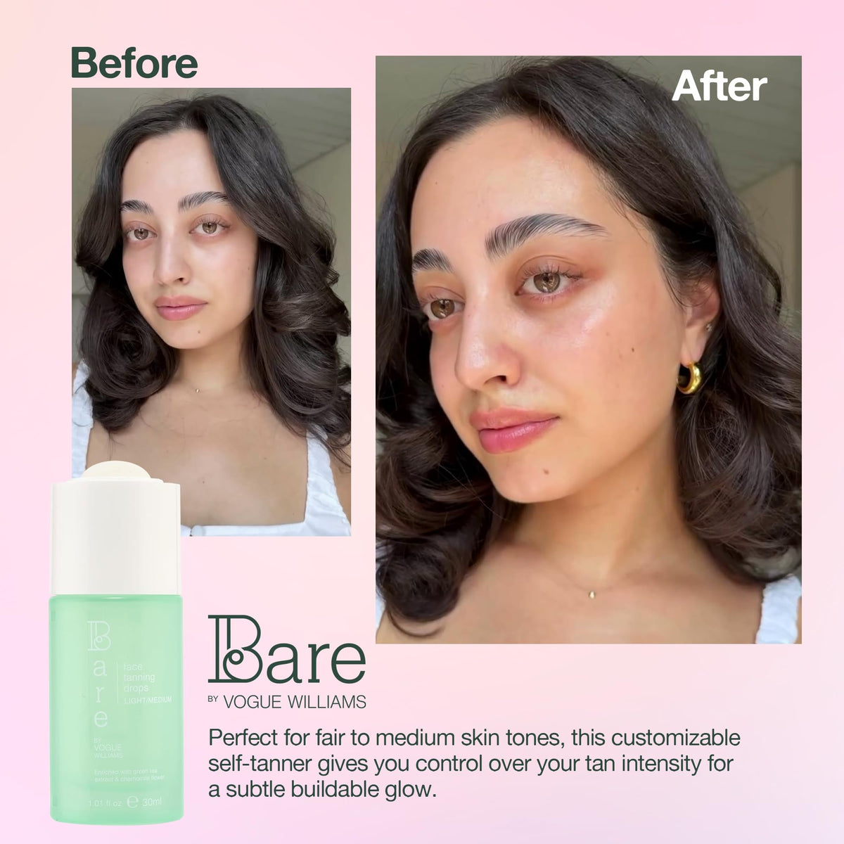 Bare by Vogue Bare By Vogue Face Tanning Drops - Light/Medium, Customisable Sun-Kissed Glow - Infused with Green Tea, Chamomile, and Pomegranate Extract - For Smooth, Hydrating & Radiant Skin (30ml)