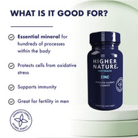 HIGHER NATURE Higher Nature - Zinc - Immune System, Cognitive Function & Fertility Support - Gluten Free - Vegetarian & Vegan - 90 Tablets