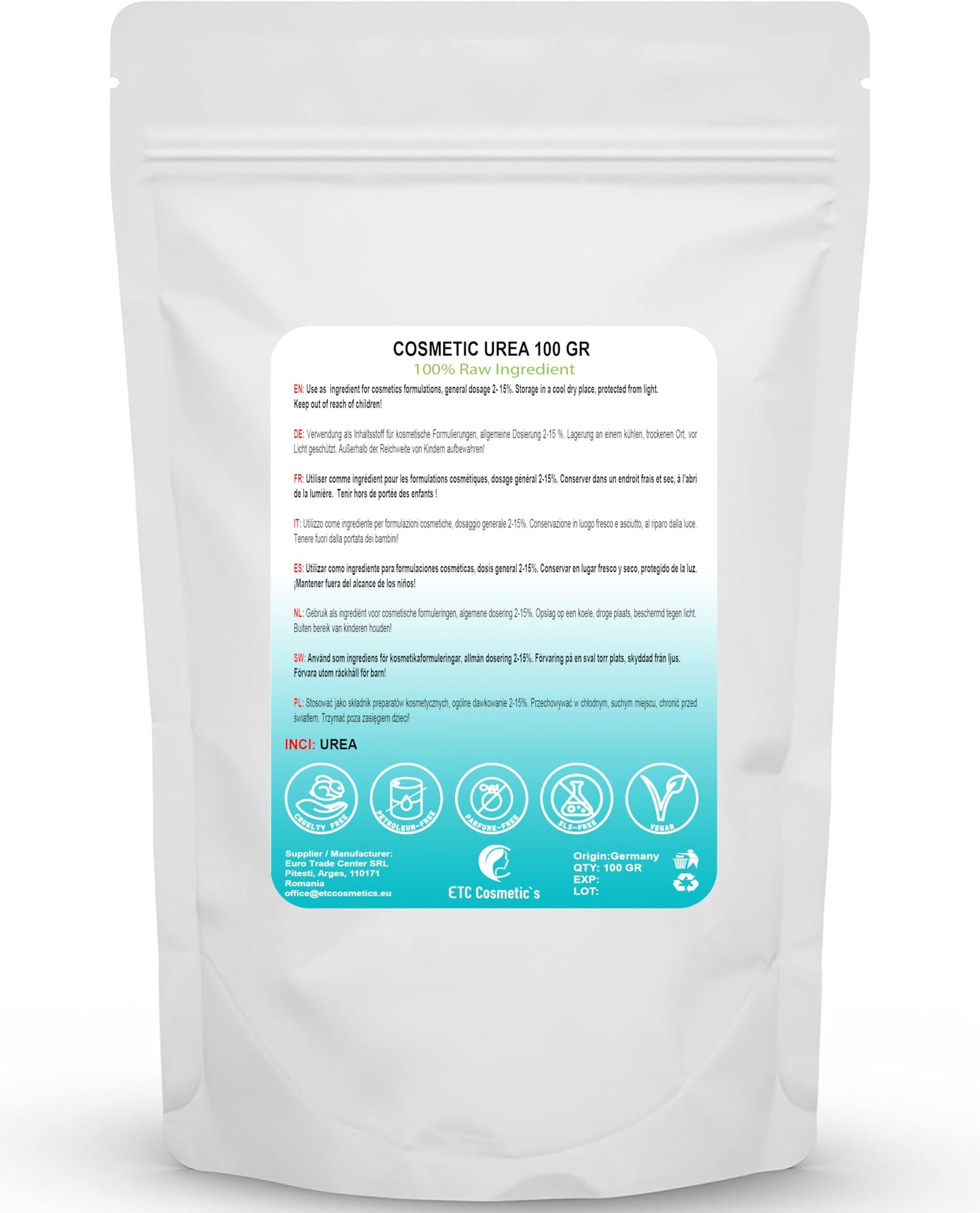 ETC Cosmetic`s Cosmetic UREA - 100 gr - suitable for creams, lotions, gels, fluids, cleansing products including shampoos and body washes, skaly and cracked skin
